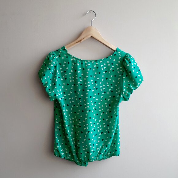 MAX STUDIO Puffy Sleeve Blouse with Bow Detail in Teal Green with Heart Print - Picture 5 of 15